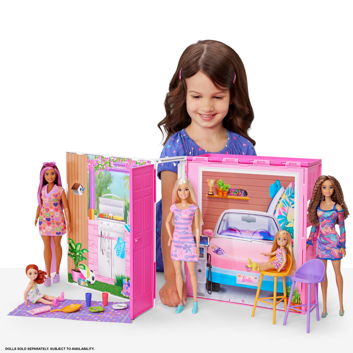 Barbie  Maison Portative et Poupée, 4Pièces, 11Accessoires