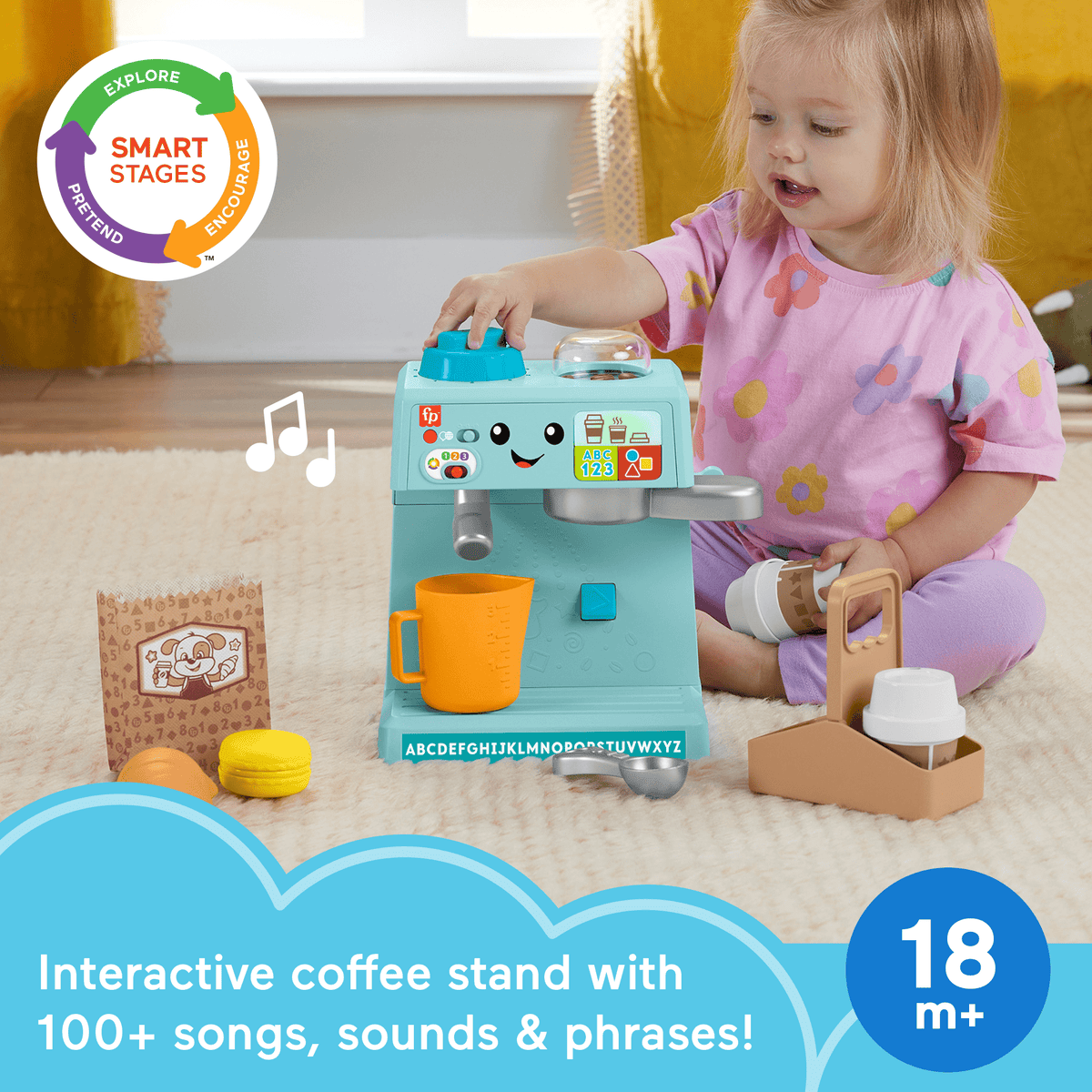 Fisher-Price Laugh & Learn Learn & Serve Coffee Café Toddler Electronic Toy, 10 Play Pieces, Multilanguage Version