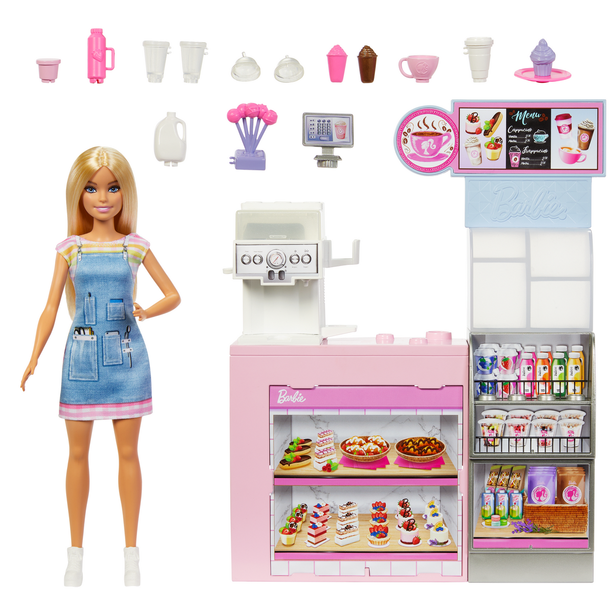 Barbie  Coffret de Jeu  Café, Poupée Barista Blonde, 10+Accessoires
