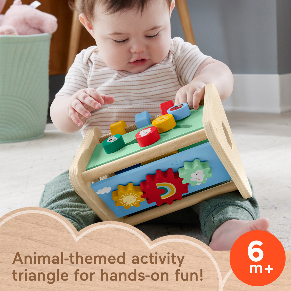 Fisher-Price Wooden Activity Triangle, 3-Sided Fine Motor Toy For Baby, 1 Wood Piece