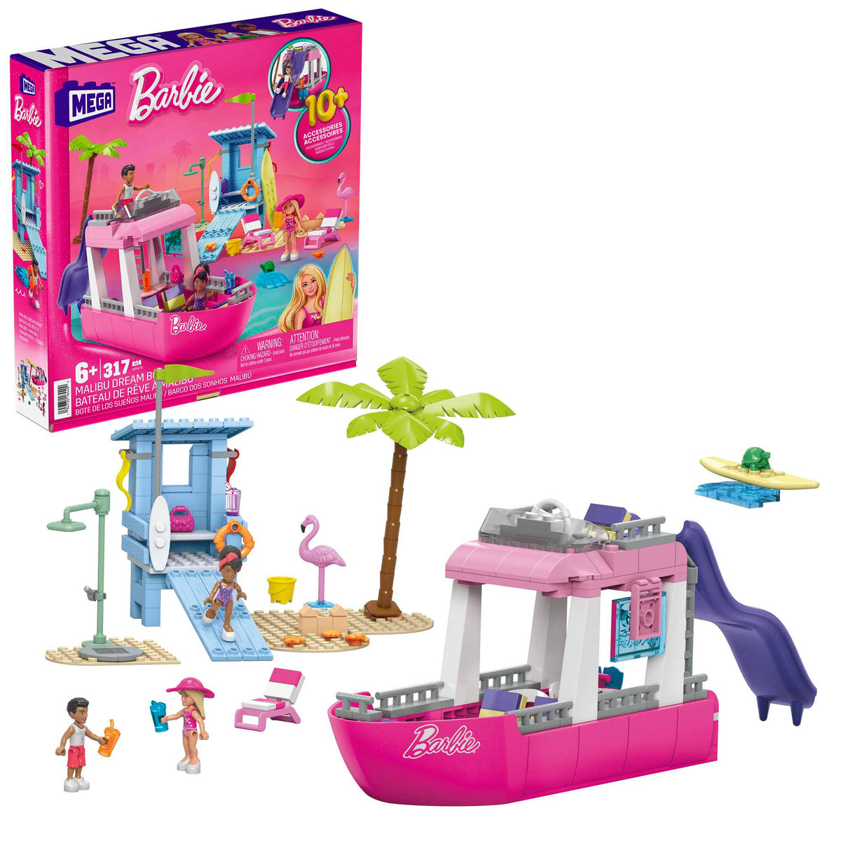 MEGA Barbie Malibu Dream Boat Building Kit Playset With 3 Micro-Dolls (317 Pieces)