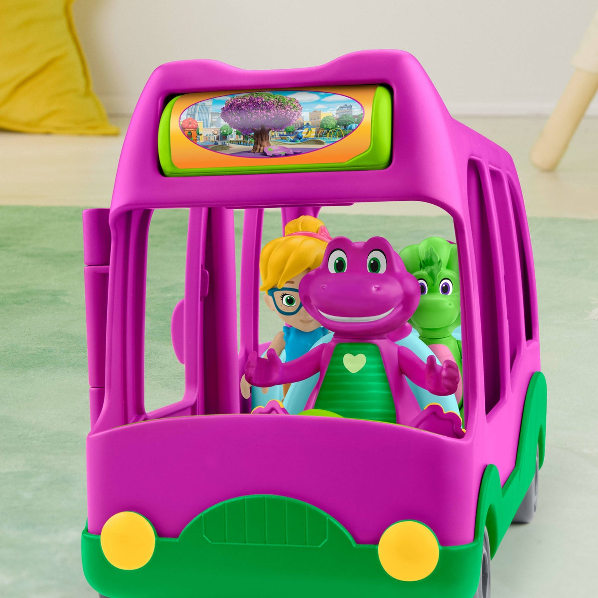 Véhicule Jouet à Pousser L’Autobus des Aventures et Figurine de Barney Le Monde de Barney de Fisher-Price,