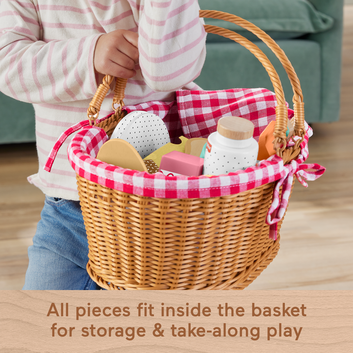 Fisher-Price Wooden Picnic Basket & Food Pretend Play Set For Preschool Kids, 31 Wood Pieces