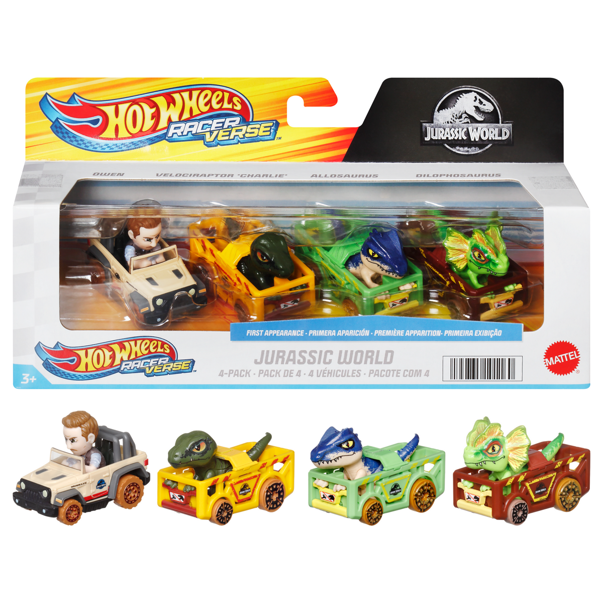 Hot Wheels RacerVerse Veículo de Brinquedo Quatro Carros de Corrida Jurassic World