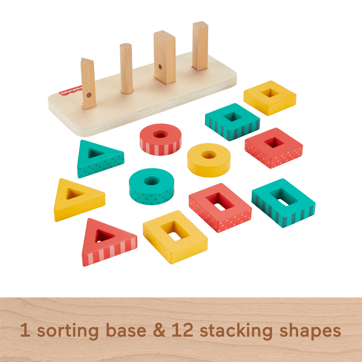 Fisher-Price Wood Toddler Toy Shape Stacker, 13-Piece Wooden Sorting Activity For Fine Motor Play Preschool Kids Ages 2+ Years