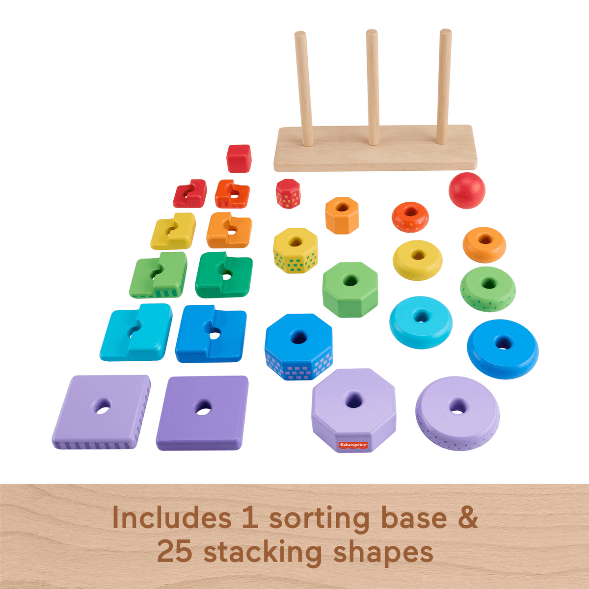 Fisher-Price Wooden Stacking Shape Sorter Toddler Fine Motor Toy, 26 Pieces